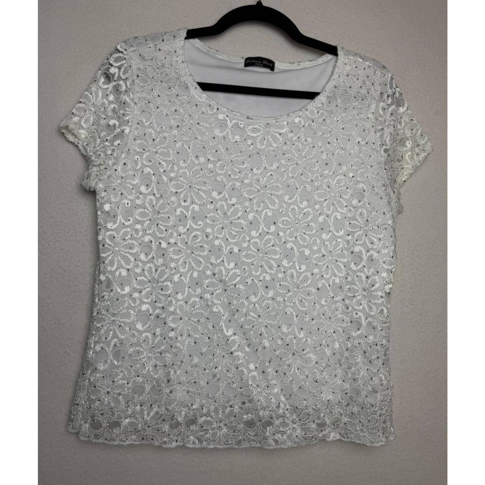 Brittany Black Petite Women's White Lace Rhinestone Lined Short Sleeve Size PXL